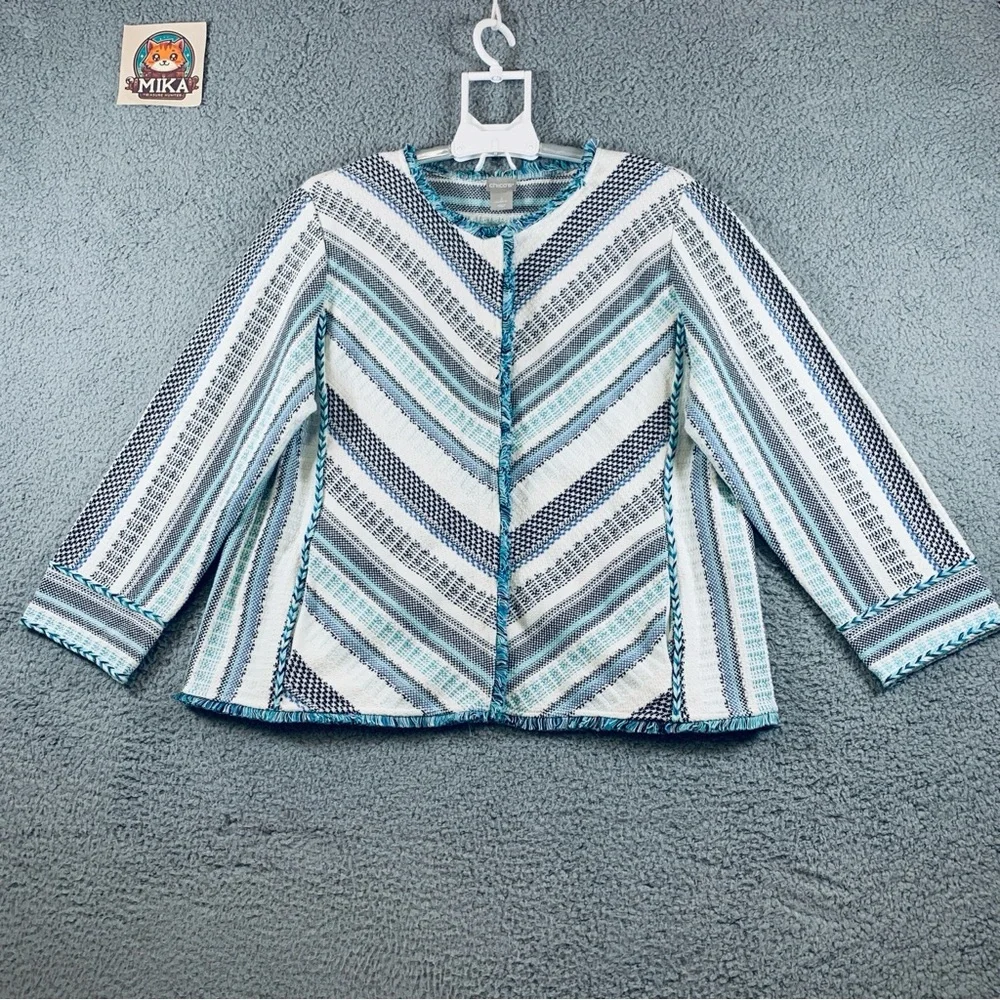 Chico's Sweater Jacket Women's 3 Long‎ Sleeve Snap Fringe Trim Cotton Multicolor